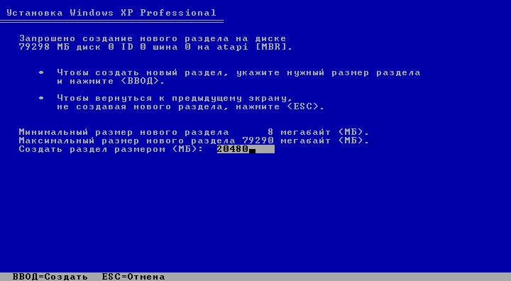 Разметка жёсткого диска при установке Windows XP.